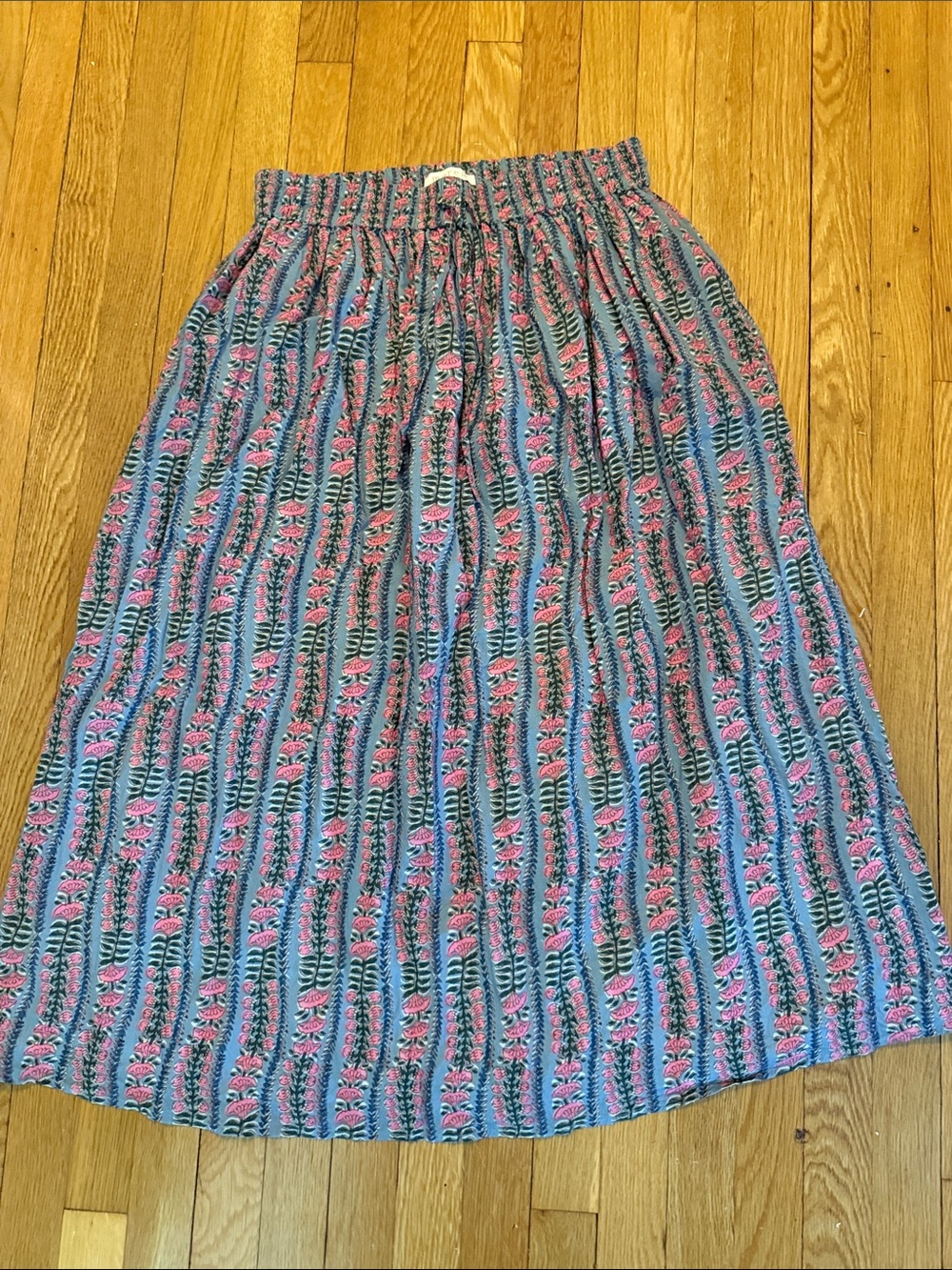 Patterned Pink and Blue Maxi Skirt with Elastic Waist
